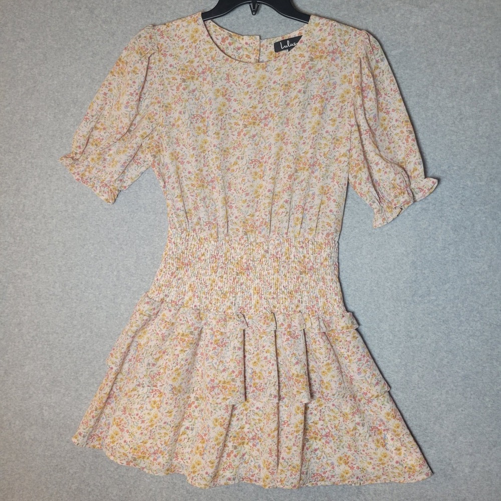 Lulus Isnt She Darling Mini Dress Size Large Floral Tiered Puff Sleeve Festival